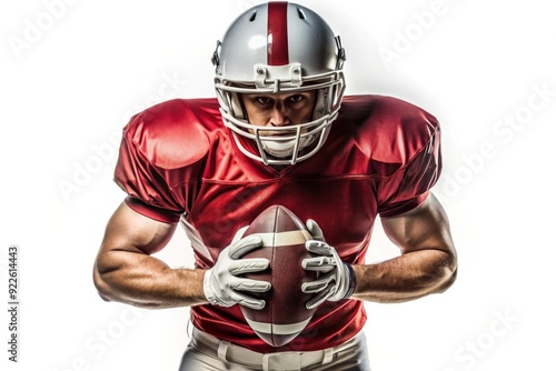 A determined American football player in full uniform holds the ball close, ready for action. The photo conveys power, focus, and anticipation.