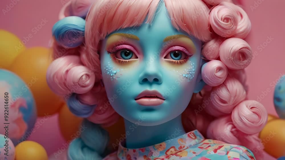 A whimsical doll with pastel curls poses playfully against a dreamy backdrop filled with colorful spheres A whimsical doll with pastel curls poses playfully against a dreamy backdrop filled with colorful spheres