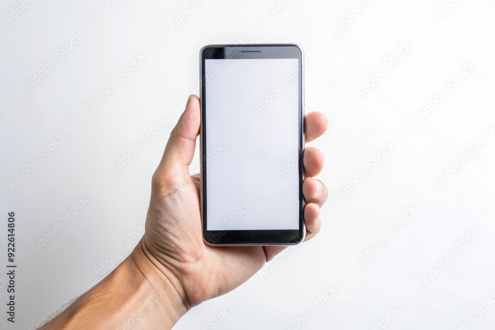 A hand holding a smartphone with a blank white screen, perfect for showcasing app designs, website mockups, or presentations. This image symbolizes technology, communication, mobile interface A hand holding a smartphone with a blank white screen, perfect for showcasing app designs, website mockups, or presentations. This image symbolizes technology, communication, mobile interface