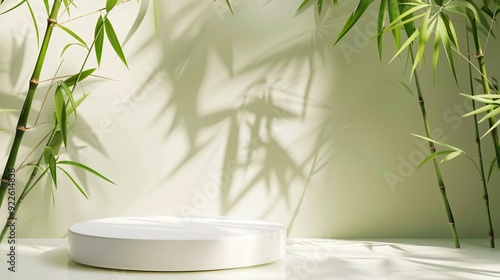 Eco background with a round empty white pedestal and bamboo plant, for display product.  Generative AI