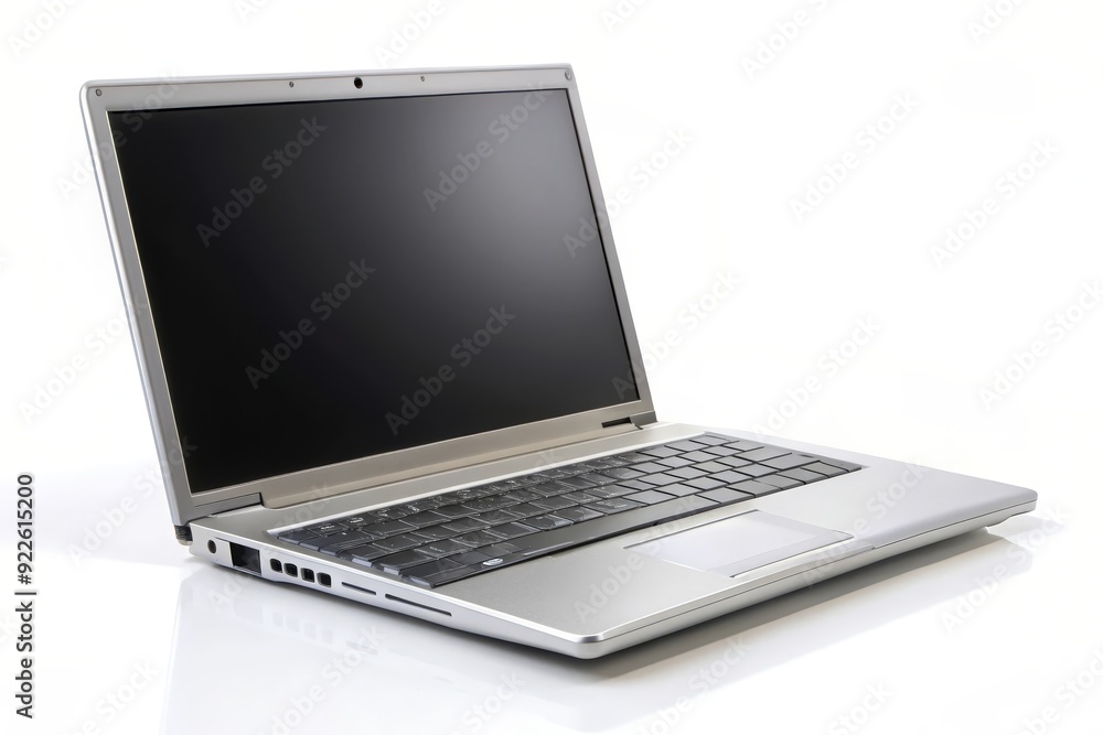 A sleek silver laptop with a blank screen, isolated on a white background. It symbolizes technology, productivity, communication, and opportunity. A sleek silver laptop with a blank screen, isolated on a white background. It symbolizes technology, productivity, communication, and opportunity.