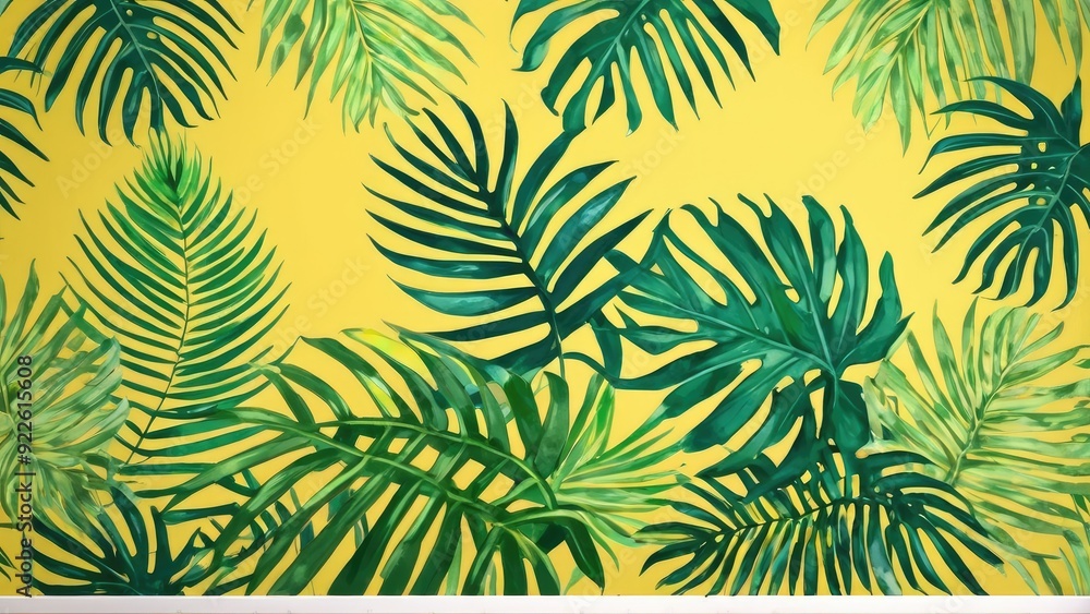 A bold contrast of green palm leaves against a vivid yellow backdrop, perfect for a summery, tropical theme A bold contrast of green palm leaves against a vivid yellow backdrop, perfect for a summery, tropical theme