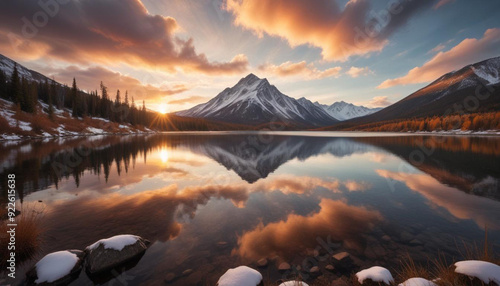 A serene mountain landscape with a calm lake reflecting the snow-capped peaks and evergreen forests 