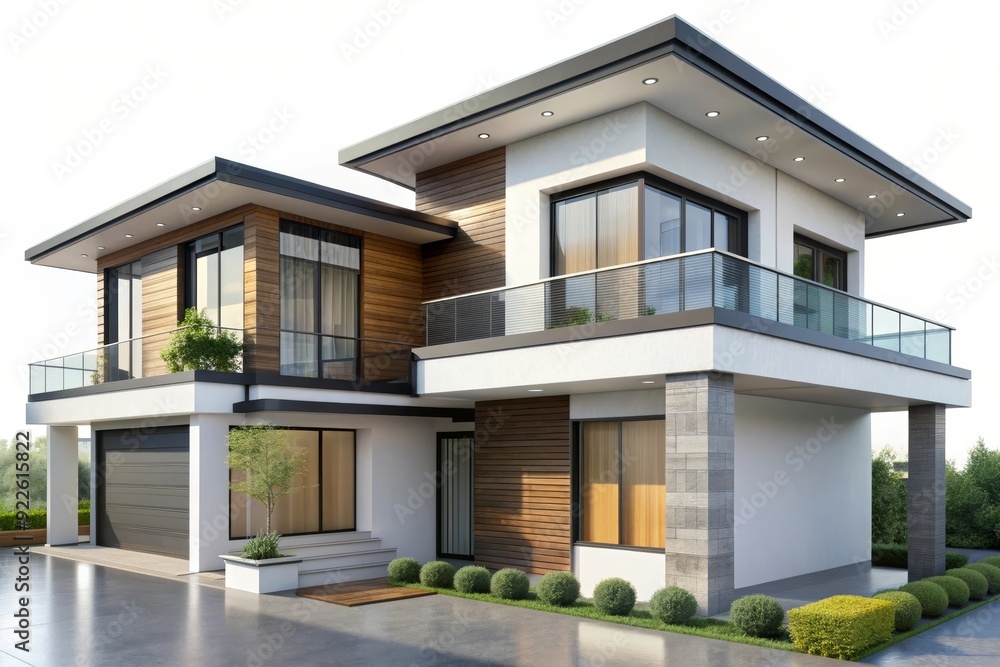 This contemporary home features a sleek design with large windows, a spacious balcony, and a modern garage. The exterior is a blend of white stucco and wood accents This contemporary home features a sleek design with large windows, a spacious balcony, and a modern garage. The exterior is a blend of white stucco and wood accents
