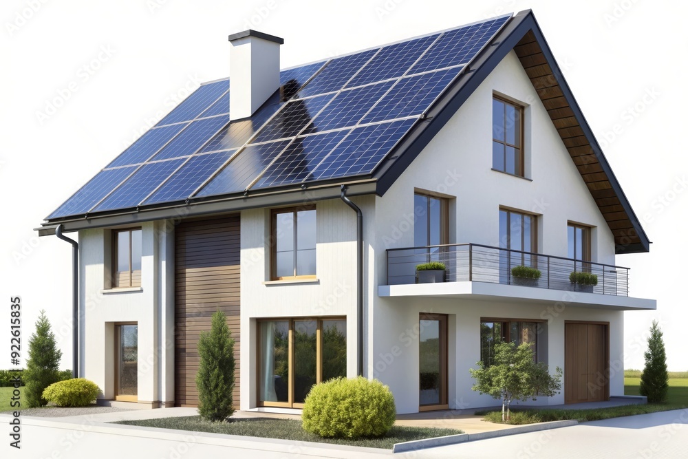 A contemporary house featuring solar panels on the roof, representing clean energy, eco-friendly living, sustainable design, energy efficiency, and a commitment to the environment. A contemporary house featuring solar panels on the roof, representing clean energy, eco-friendly living, sustainable design, energy efficiency, and a commitment to the environment.
