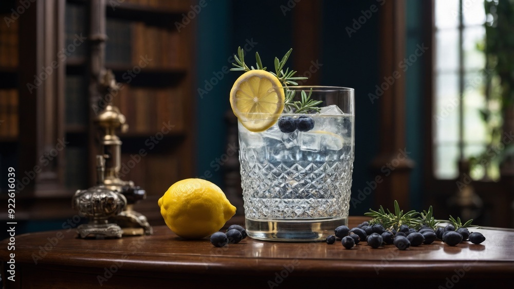 Glass of British Gin with Lemon and Juniper in a Victorian Library Glass of British Gin with Lemon and Juniper in a Victorian Library