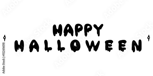 Happy Halloween lettering on a white background with stars. Set of isolated flat design elements, black silhouette. Festive header for greeting card, invitation, party, poster, banner