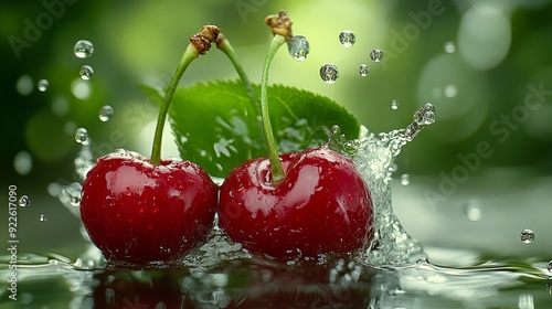 Cherries splashing in water with green leaves on a sunny day