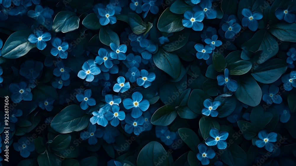 Fototapeta premium Niezapominajki, Zbliżenie, Niebieskie kwiaty, Jasnoniebieski, Ciemnoniebieski, Żółte pręciki, Zielone liście, Rośliny, Kwiaty, Natura, Delikatność, Elegancja, Estetyka, Tapeta, Tło, Cyfrowa sztuka, Ko