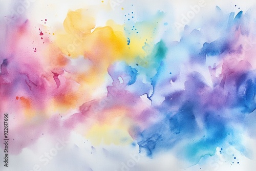 An abstract watercolor painting featuring a blend of vibrant colors such as yellow, blue, purple, and pink, creating a serene and dreamy atmosphere.