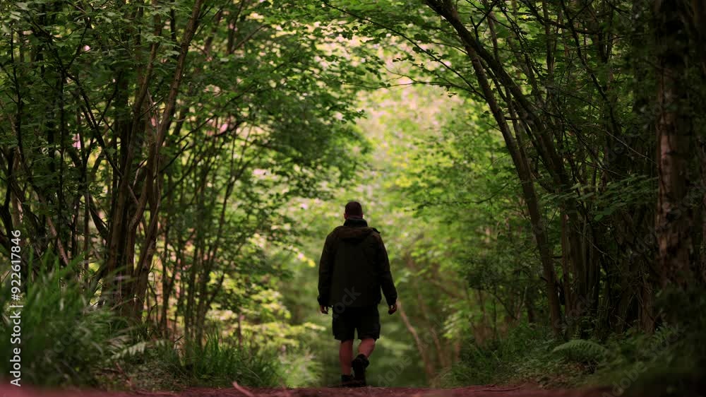 A man wearing shorts walking along a gorgeous British woodland path in summertime A man wearing shorts walking along a gorgeous British woodland path in summertime