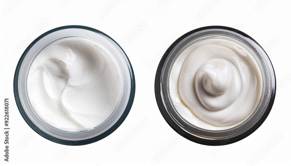 Skin care creams in jars, contrasting textures of moisturizers, one smooth and glossy, the other thick and whipped, showcasing diverse formulations for hydration and nourishment