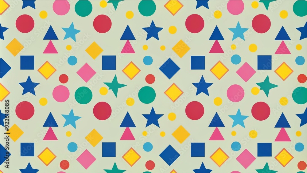 A seamless background pattern featuring a vibrant arrangement of colorful geometric shapes, including circles, stars, triangles, squares, and diamonds, representing playful, modern A seamless background pattern featuring a vibrant arrangement of colorful geometric shapes, including circles, stars, triangles, squares, and diamonds, representing playful, modern