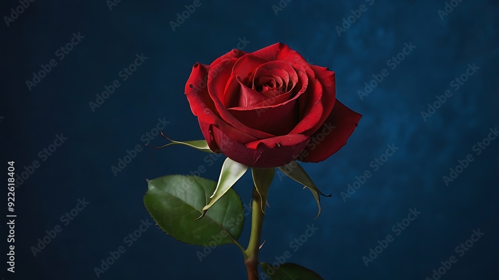 Naklejka premium A Single Red Rose Against A Deep Blue Background