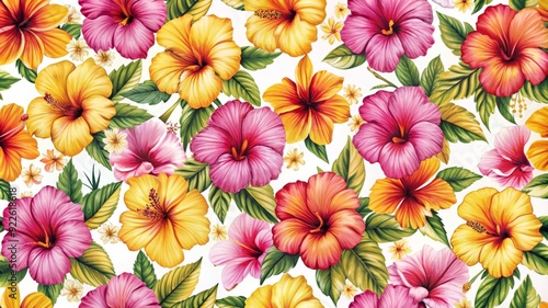 A captivating seamless pattern featuring vibrant pink, yellow, and orange hibiscus flowers, symbolizing tropical paradise, summer bliss, exotic beauty, and floral elegance.