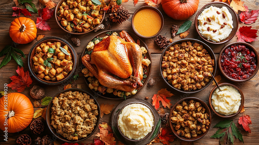 Fototapeta premium Flat lay photo, traditional thanksgiving dinner, food photo of bowls filled with thanks giving meal with roast turkey and other foods on a wooden table