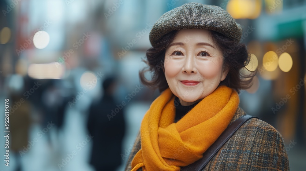 Smiling mature Asian woman with orange scarf and hat in busy city street Smiling mature Asian woman with orange scarf and hat in busy city street