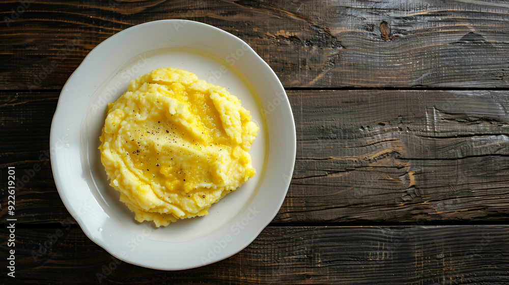 Creamy mashed potatoes with a sprinkling of ground black pepper served on a rustic wooden table Creamy mashed potatoes with a sprinkling of ground black pepper served on a rustic wooden table