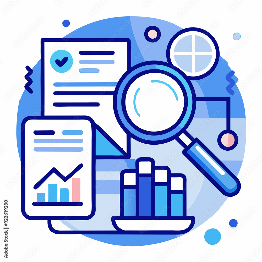 Colorful Data Analysis and Research Illustration in Flat Style with Blue Tones Colorful Data Analysis and Research Illustration in Flat Style with Blue Tones