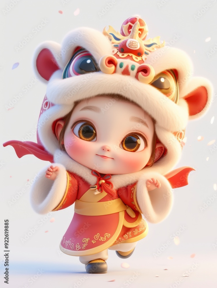 A cute child wearing a lion dance costume, celebrating cultural festivities with joy. A cute child wearing a lion dance costume, celebrating cultural festivities with joy.