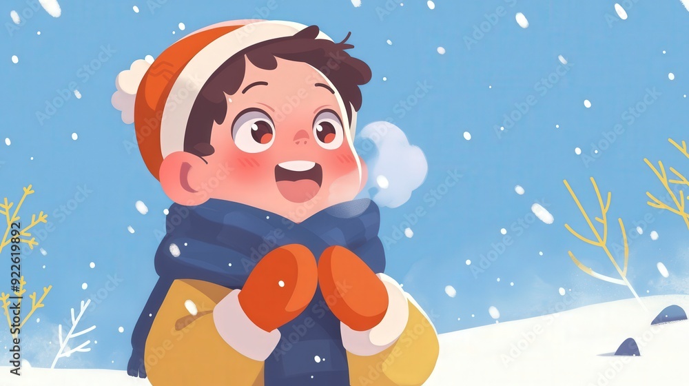 Fototapeta premium Happy young boy in warm winter clothes looking up at falling snow on a cold winter day.
