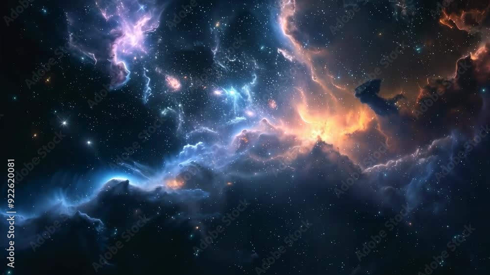 A vivid nebula illuminates the starfield of deep space. Many twinkling stars are scattered in the background. The nebula features bright purples, blues, and oranges, creating a celestial scene. A vivid nebula illuminates the starfield of deep space. Many twinkling stars are scattered in the background. The nebula features bright purples, blues, and oranges, creating a celestial scene.