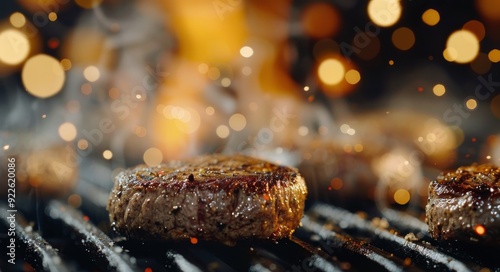 Grilling Juicy Steaks Over Flames at a Summer Barbecue in the Evening photo