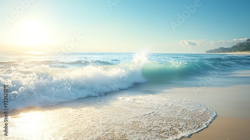 View a closeup image of a turquoise wave crashing on sandy beach at sunset.