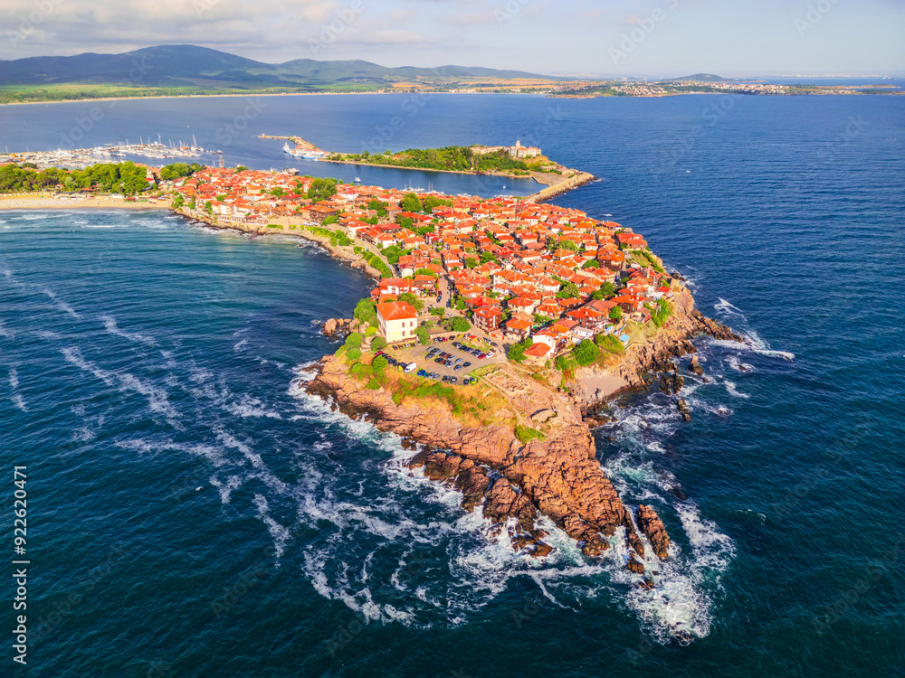 Sozopol, Bulgaria. Aerial view of ancient city of Apollonia, Black Sea coastline.