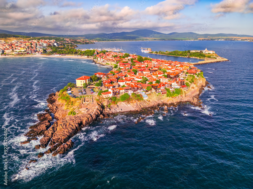 Sozopol, Bulgaria. Aerial view of ancient city of Apollonia, Black Sea coastline.