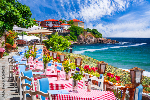 Sozopol, Bulgaria. Charming old town with tavernas on Black Sea coastline photo