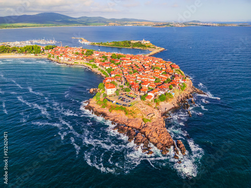 Obraz na płótnie Sozopol, Bulgaria. Aerial view of ancient city of Apollonia, Black Sea coastline. w salonie