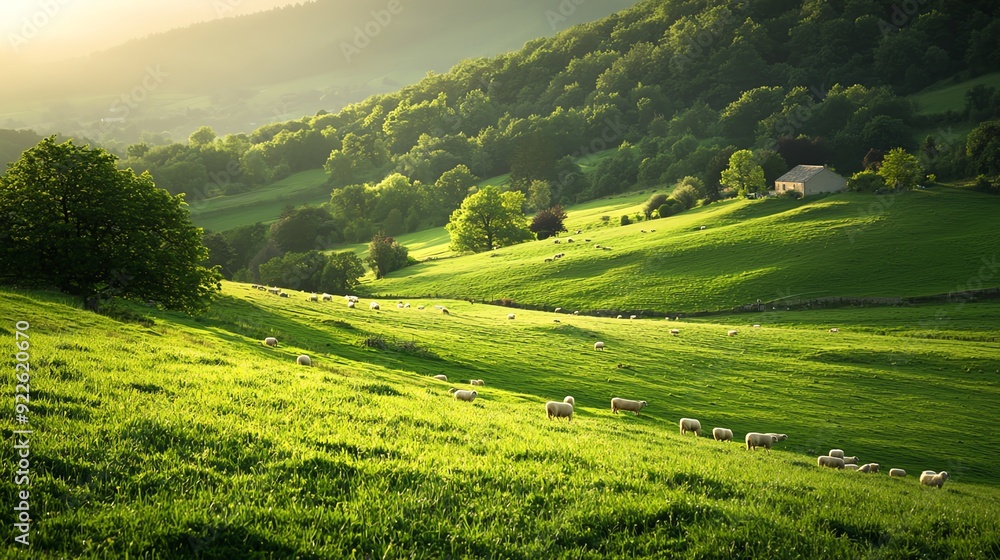 Obraz premium Peaceful rural landscape with sheep grazing on green hills at sunset.