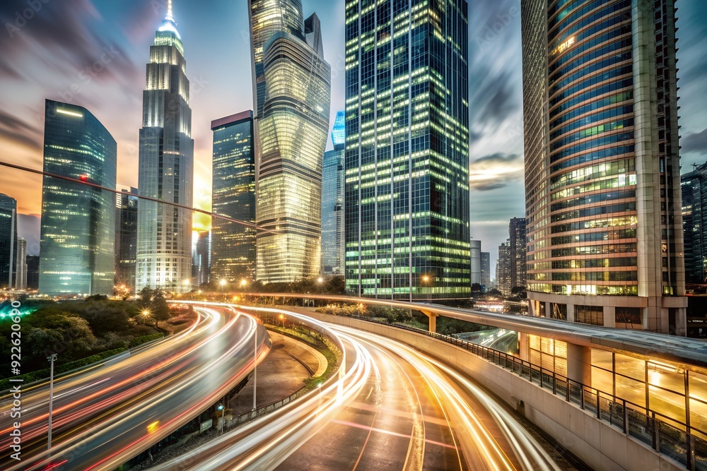 Vibrant cityscape at dusk with illuminated skyscrapers and dynamic light trails from vehicles on the highway, showcasing the energy and motion of a modern urban environment Vibrant cityscape at dusk with illuminated skyscrapers and dynamic light trails from vehicles on the highway, showcasing the energy and motion of a modern urban environment