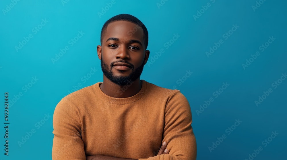 Fototapeta premium A confident man poses against a vibrant blue background, wearing a light brown sweater and sporting a calm smile. His crossed arms convey a sense of warmth and assurance.