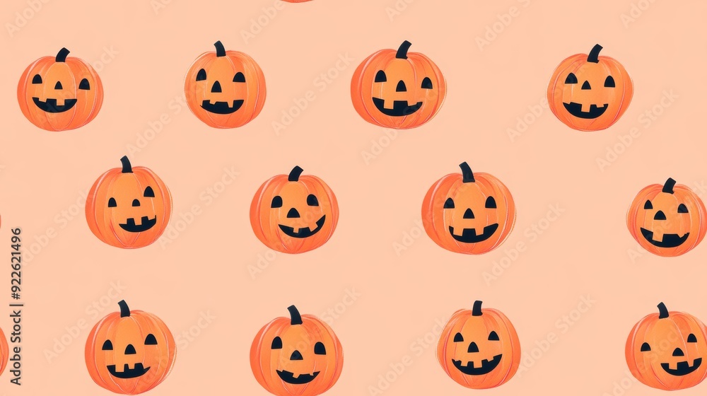 Playful jack-o'-lanterns pattern on a peach background, capturing the festive and whimsical spirit of Halloween. Playful jack-o'-lanterns pattern on a peach background, capturing the festive and whimsical spirit of Halloween.