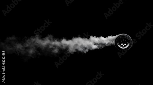 A singular car tire burns rubber against a smoky, dark background, illustrating speed and power. photo