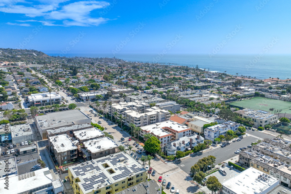 Aerial view over La Jolla with big villas and ocean in the background, San Diego, California, USA Aerial view over La Jolla with big villas and ocean in the background, San Diego, California, USA