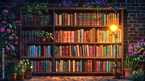 Cozy Bookshelf with Warm Lighting.