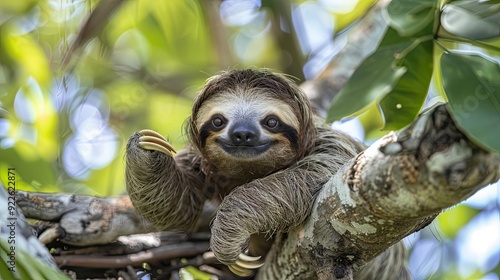 Playful three toe sloth sitting in treeco photo