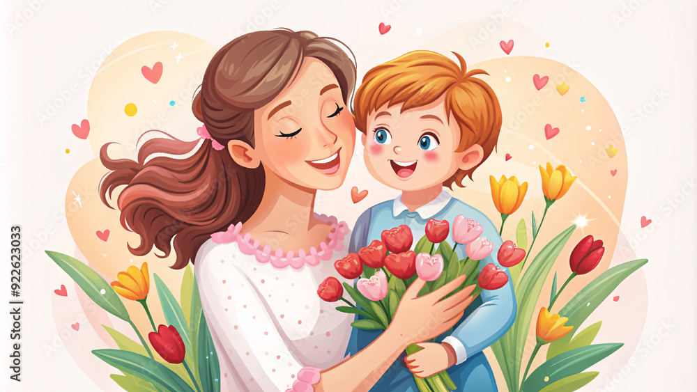 Concept of mothers day Illustration postcard, love mom and child Concept of mothers day Illustration postcard, love mom and child