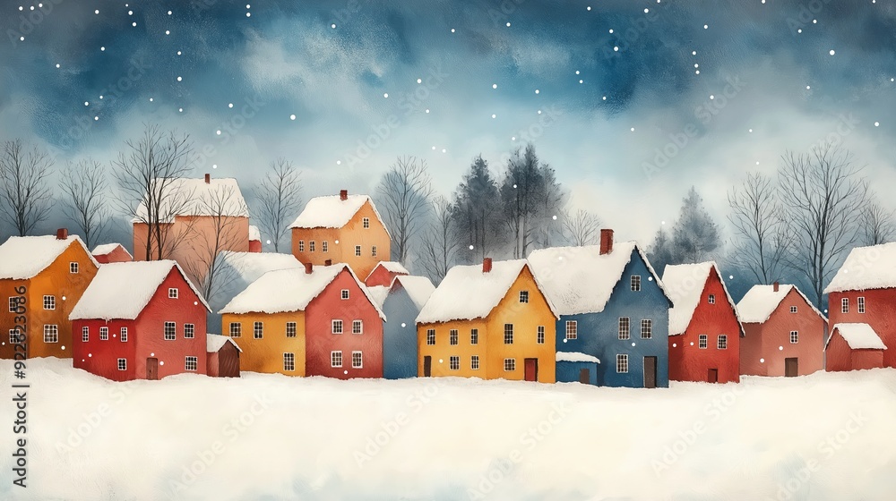 Fototapeta premium Watercolor Winter Village Scene with Colorful Houses, Snow-Covered Trees, and Starry Night Sky, Dreamy Atmosphere with Gentle Snowfall and Cozy Mood in Subtle Blue and Warm Tones