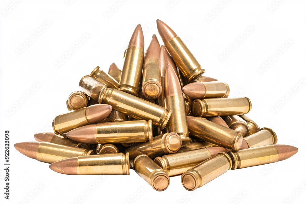 A pile of bullets with brass casings arranged against a white background highlighting the sleek and polished design of ammunition in a simple and isolated presentation A pile of bullets with brass casings arranged against a white background highlighting the sleek and polished design of ammunition in a simple and isolated presentation