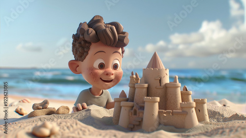 A kid with a serious expression while building a sandcastle. Animated character, C4D model rendering, 3D rendering - Generative AI