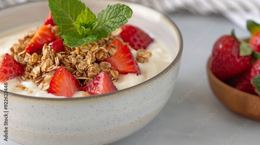 Fresh Yogurt Bowl Topped With Strawberries and Granola in a Bright Kitchen Fresh Yogurt Bowl Topped With Strawberries and Granola in a Bright Kitchen