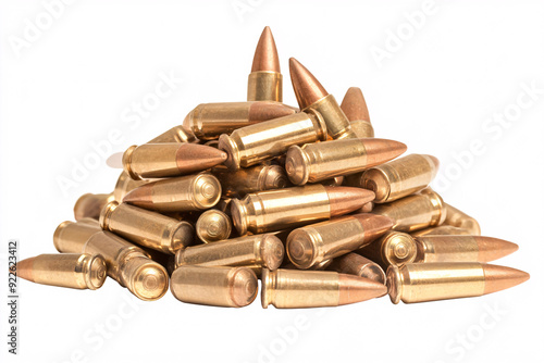 pile of brass bullets arranged against a white background showcasing the metallic shine and precise design of ammunition in a simple and isolated composition photo