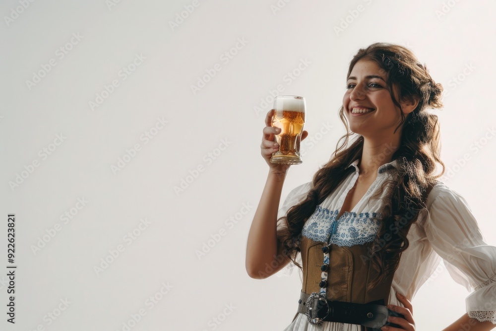 Woman in traditional dress holding beer glass, smiling, Oktoberf Woman in traditional dress holding beer glass, smiling, Oktoberf