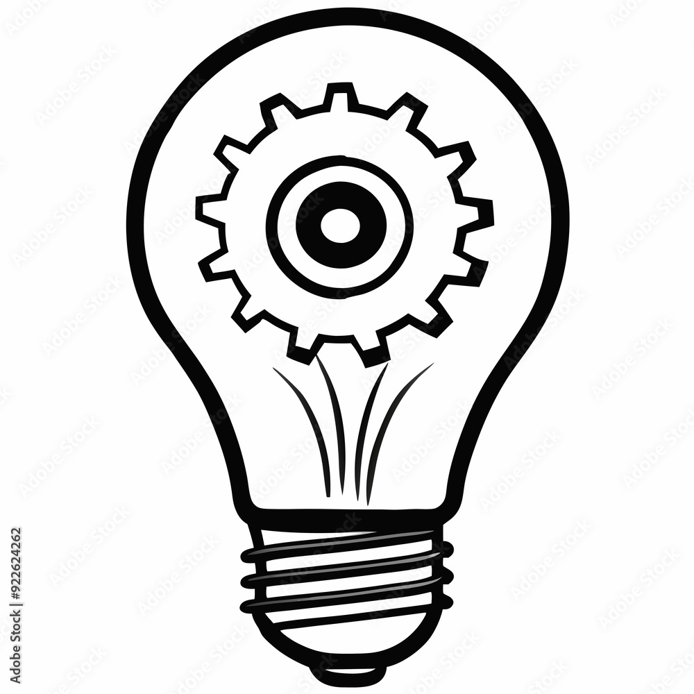 Black and White Lightbulb with Gear Illustration Representing Innovation and Ideas Black and White Lightbulb with Gear Illustration Representing Innovation and Ideas