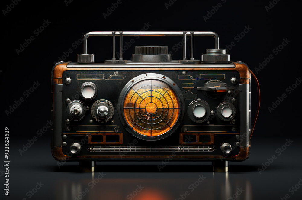 Retro futuristic vacuum tube radio in the dark space close-up Retro futuristic vacuum tube radio in the dark space close-up