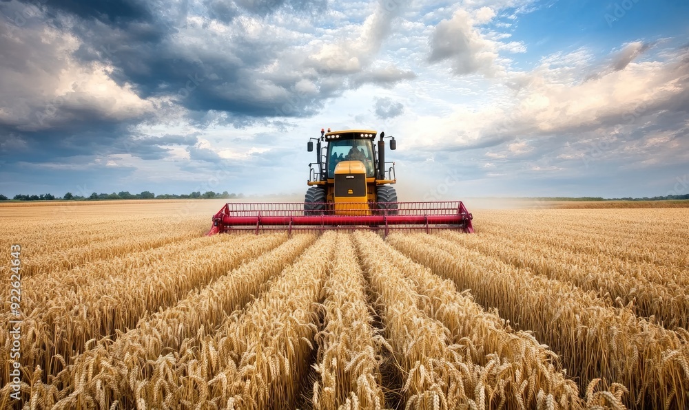 Obraz premium Harvester Operating in a Wheat Field During Harvest Season